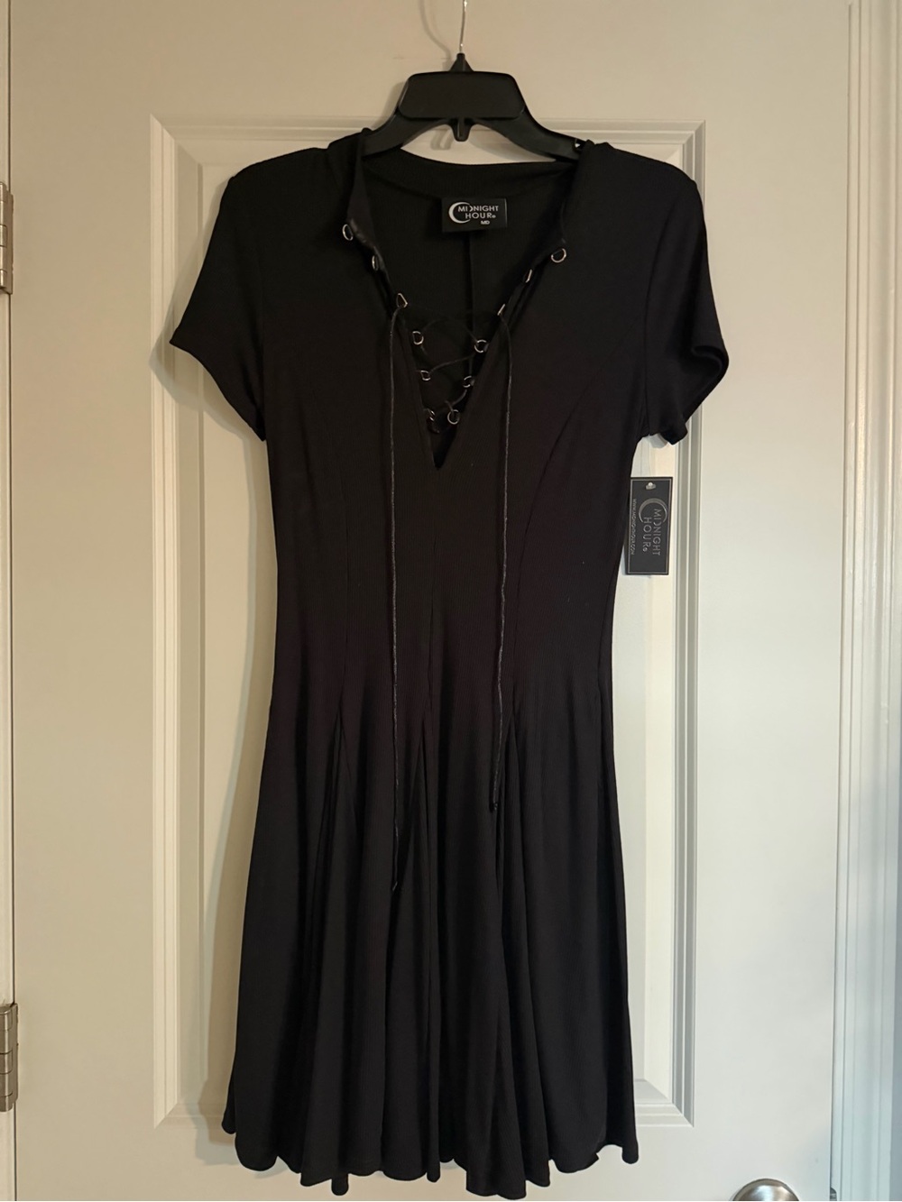 Midnight Hour Lace Up Skater Dress Black Goth Medium NWT - Picture 2 of 6